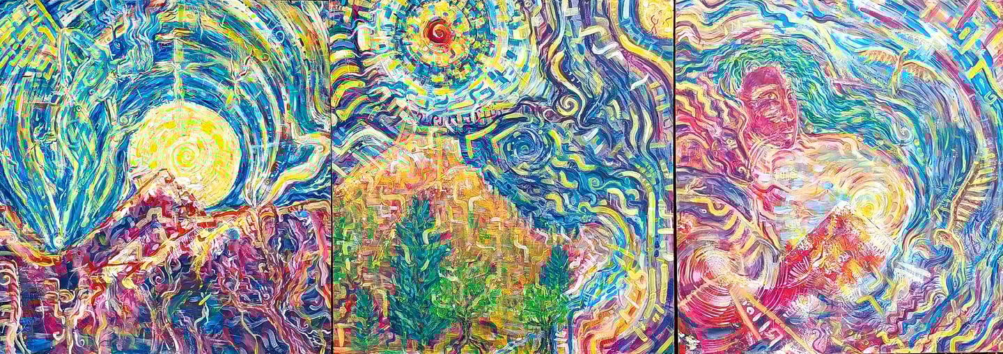 triptyque acrylique entre paysages impressionnistes et psychédéliques