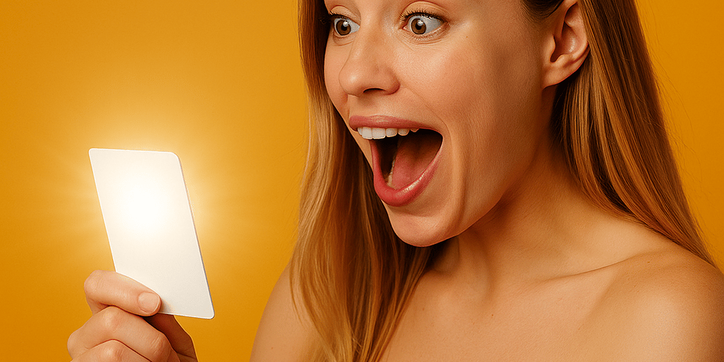 Mujer sonriente sostiene la Glow Card de AR Clinic, símbolo de ofertas en tratamientos estéticos.