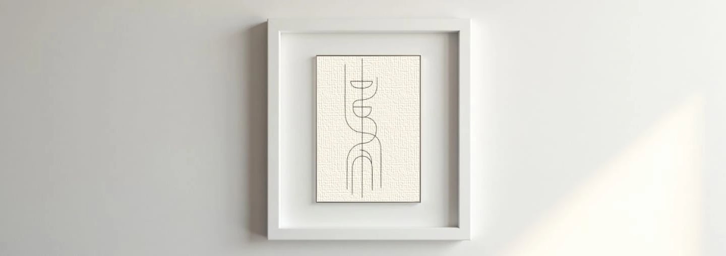 Mockup with minimalist Nordic line art — framed print on pale canvas background in calm setting.
