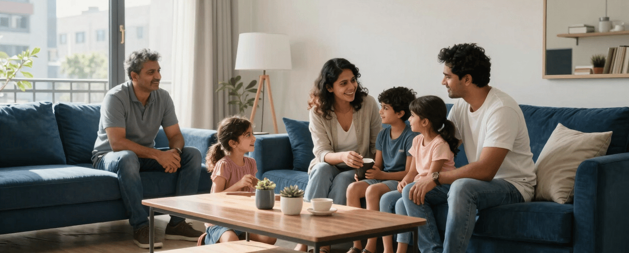 A South Asian family enjoying their time in a clean, sunlit living room of a modern urban apartment. The atmosphere is warm and supportive, with natural light and high-quality furniture in shades of dark blue and off-white.
