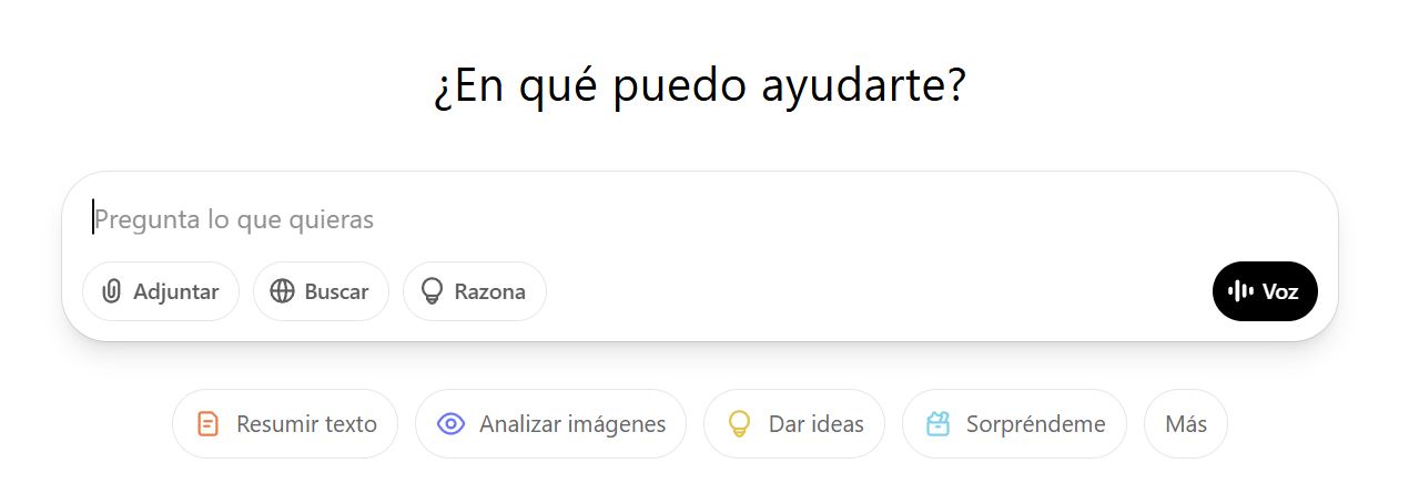 Captura de pantalla de la intrfaz del chatbot de ChatGPT; cuadro de texto central para escribir .