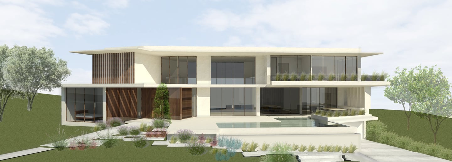 Moradia em Lagos. Projeto de Arquitetura. Vista tridimensional do alçado principal.