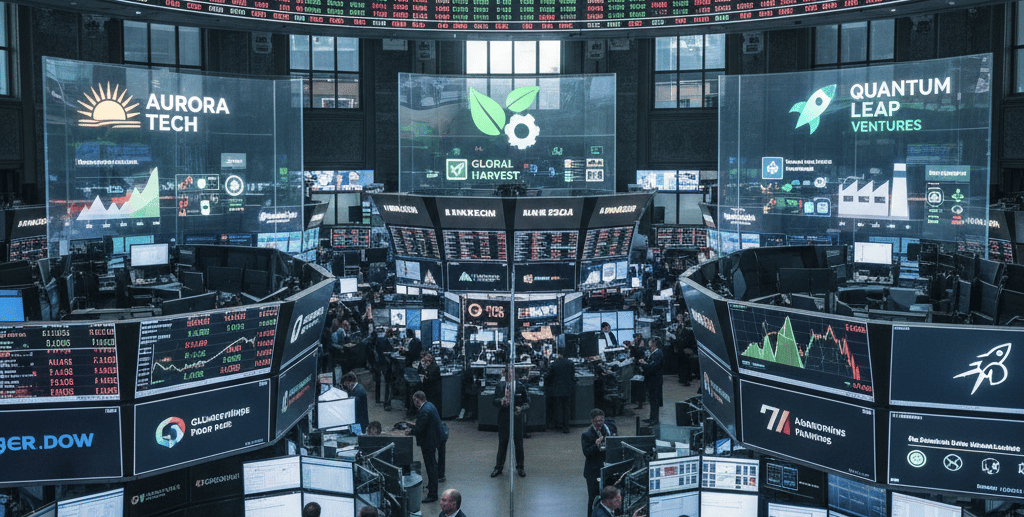 an image of a stock exchange market showing different companies and their activities.