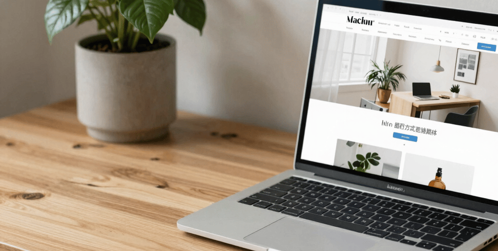 A cozy workspace with natural wood textures, soft green plants, and a laptop displaying a website in progress.