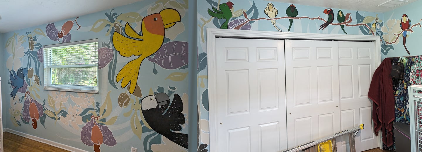 Bedroom mural of colorful parrots and floral pattern of almonds and pistachios in bright but soothing colors of blues.