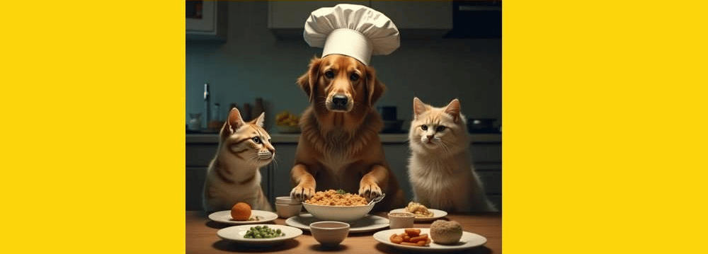 Hund und zwei Katzen sitzten am Esstisch voller Gerichte - eine lustige Darstellung