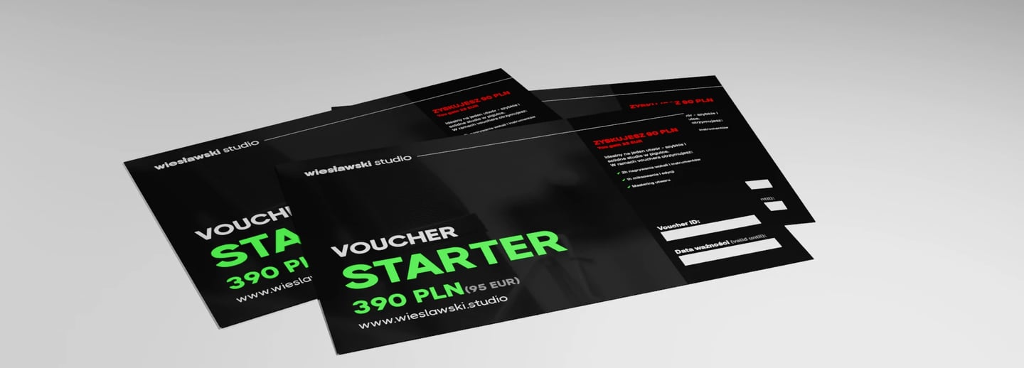 zdjęcie trzech Voucherów Starter o kwocie 390 PLN 95 EUR w Wiesławski Studio wraz z opisem korzyści
