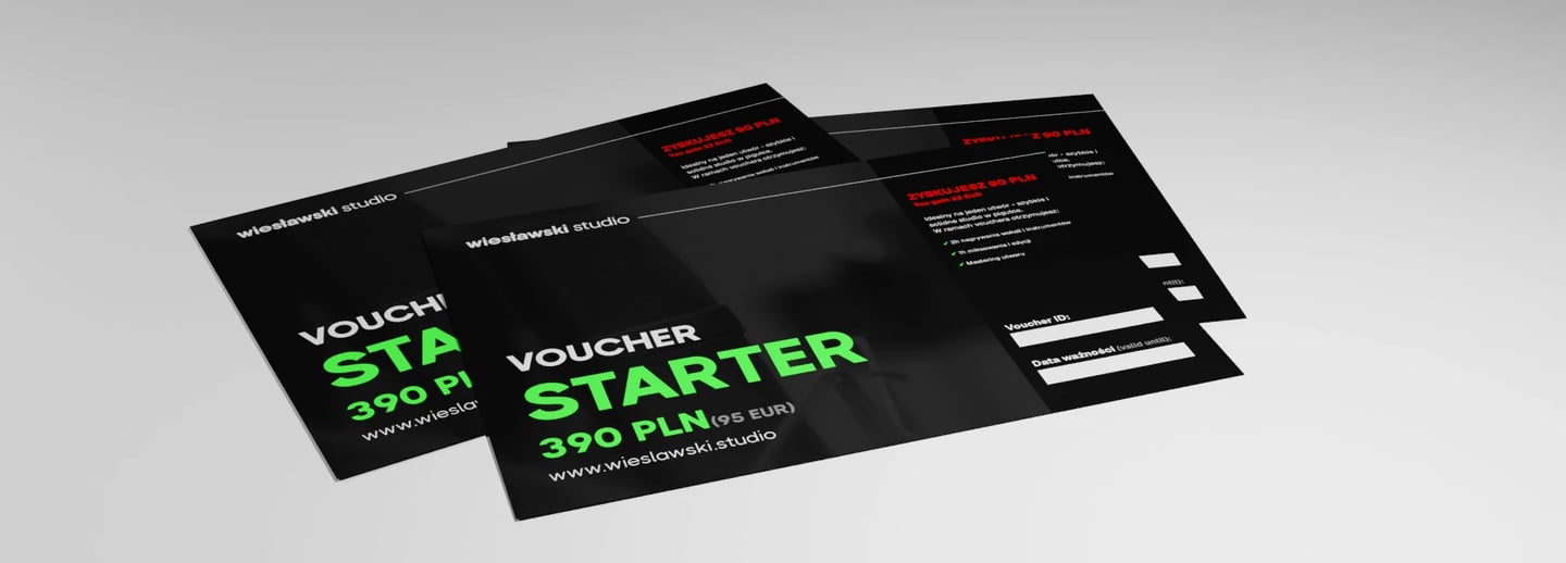 zdjęcie trzech Voucherów Starter o kwocie 390 PLN 95 EUR w Wiesławski Studio wraz z opisem korzyści