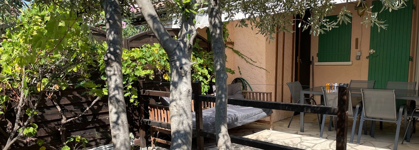 terrasse ombragée avec olivier, canapé et tables