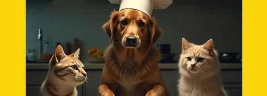 Hund und zwei Katzen sitzten am Esstisch voller Gerichte - eine lustige Darstellung