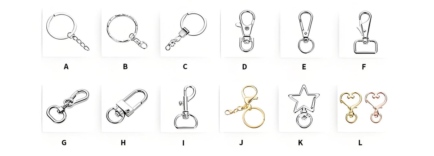 a number of different types of keychain acessories with a white background