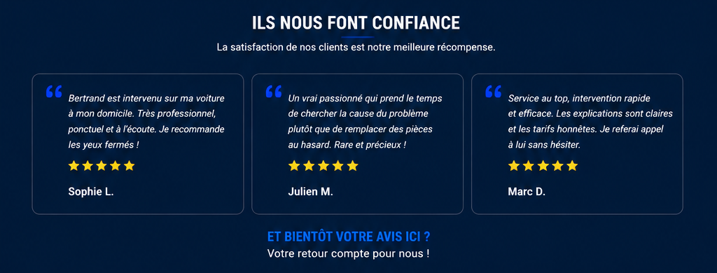 Three five-star customer testimonials for mobile car repair services featuring reviews from Sophie, Julien, and Marc.