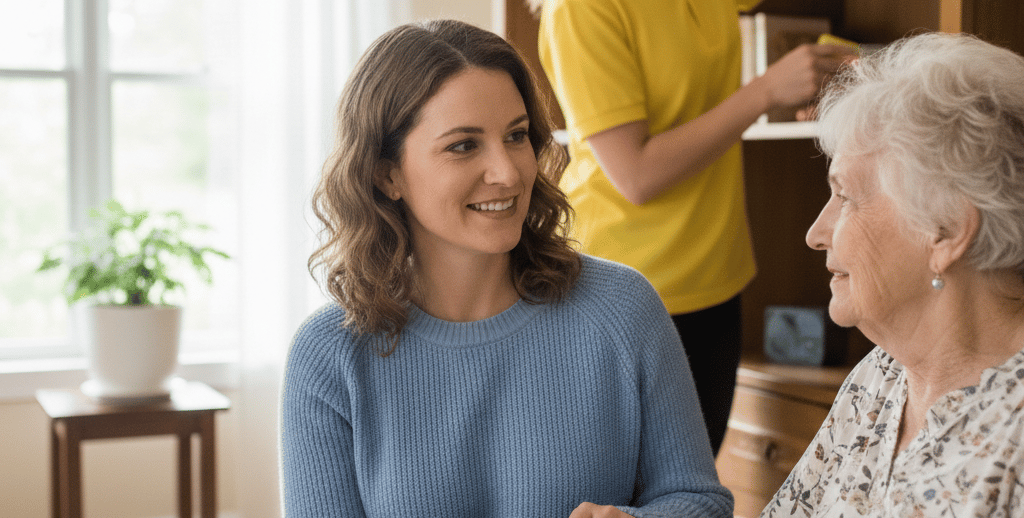 Professional home care worker supporting a senior woman while a housemaid cleans shelves in the background.