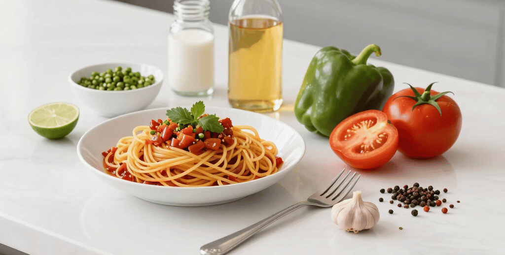 A warm kitchen scene with colorful spices and fresh ingredients spread out on a wooden countertop.