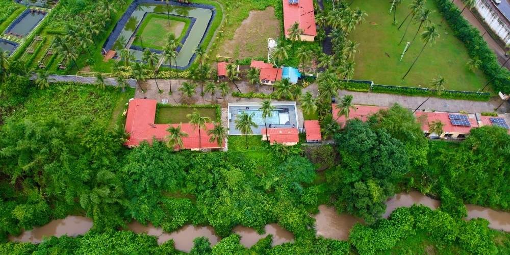 drone view of purna river retreat