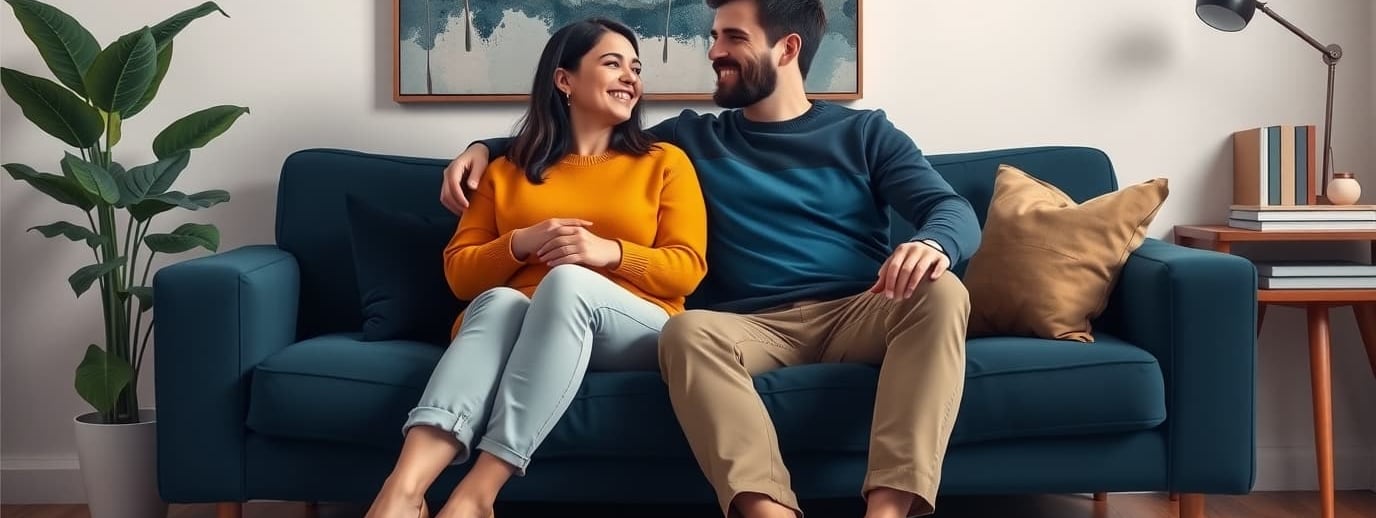 Casal a conversar num ambiente acolhedor de sala moderna.