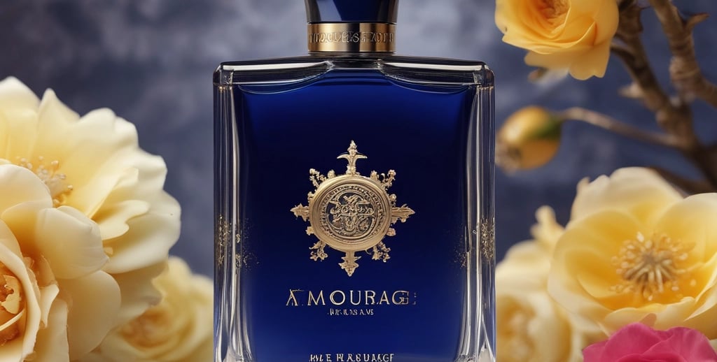 Multiple bottles of fragrance oil are neatly arranged on wooden shelves. The bottles vary in size and have labels with text both in English and another language. The lighting is warm, highlighting the sleek, dark-colored containers.