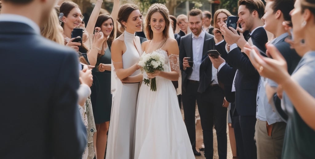 A photographer is capturing a bride and groom standing together outdoors. The couple is slightly out of focus, while the camera and photographer are closer to the viewer. Tall trees create a natural archway in the background.
