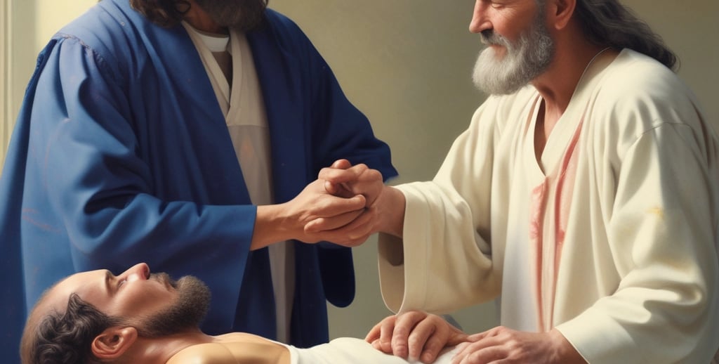 a man in a robe is holding a man's hand