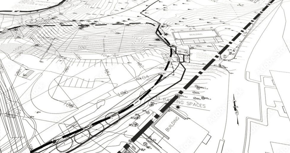 Civil engineering site plan showing grading, drainage layout, and utility design 