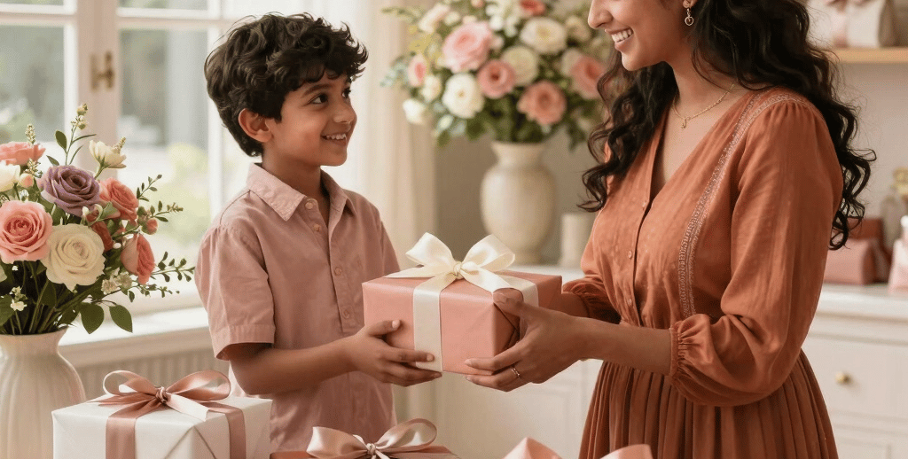 A heartwarming luxury lifestyle photo of a beautiful smiling South Asian / Indian family exchanging premium customized gifts in a gorgeously decorated boutique interior. Soft floral pastel background decorations, warm natural sunlight filtering through a window, elegant handmade bouquets and high-end wrapped gift hampers adorned with satin ribbons resting on a rustic wooden table. Pinterest aesthetic, rich warm tones of terracotta, rose, and ivory, 8k resolution, ultra-realistic product-and-portrait photography.