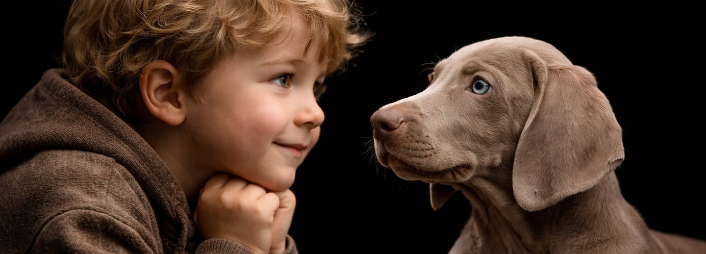 un enfant et un chiot braque de weimar, deux camarades inseparables