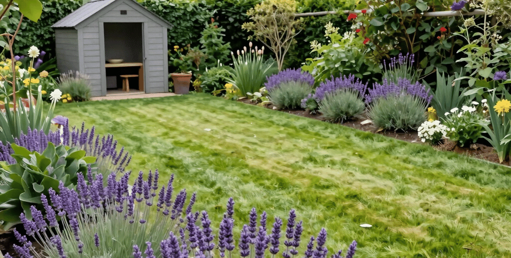 Backyard garden featuring purple lavender plants, a green lawn, and a small grey wooden garden shed.