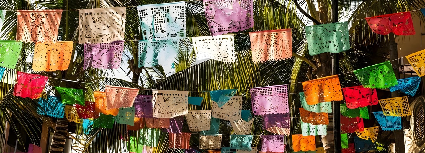 traditional mexican market with pecked paper decorations