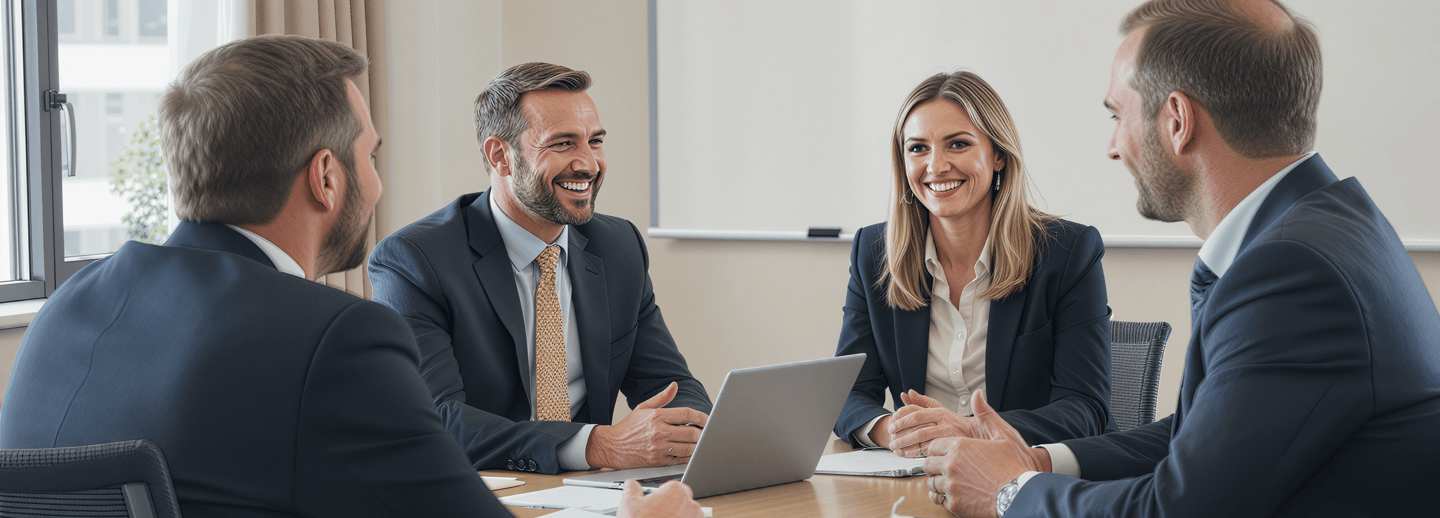 Three men and a woman in a business meeting in a conference room
