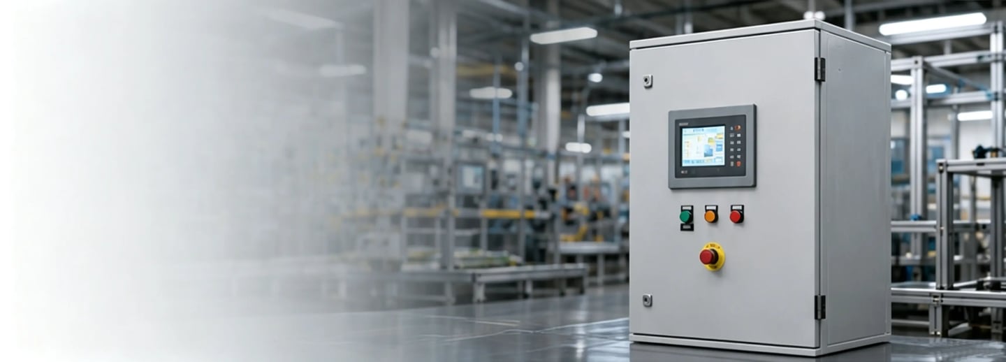 Industrial electrical control panel with touch screen HMI and emergency buttons in a factory setting.
