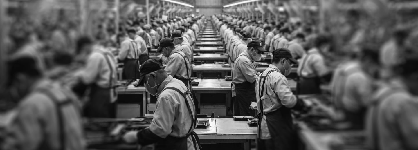 view of a large factory where lines of workers are in assembly lines