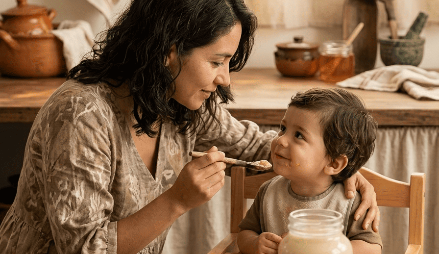 Una amorosa mama dando de comer a su hijo