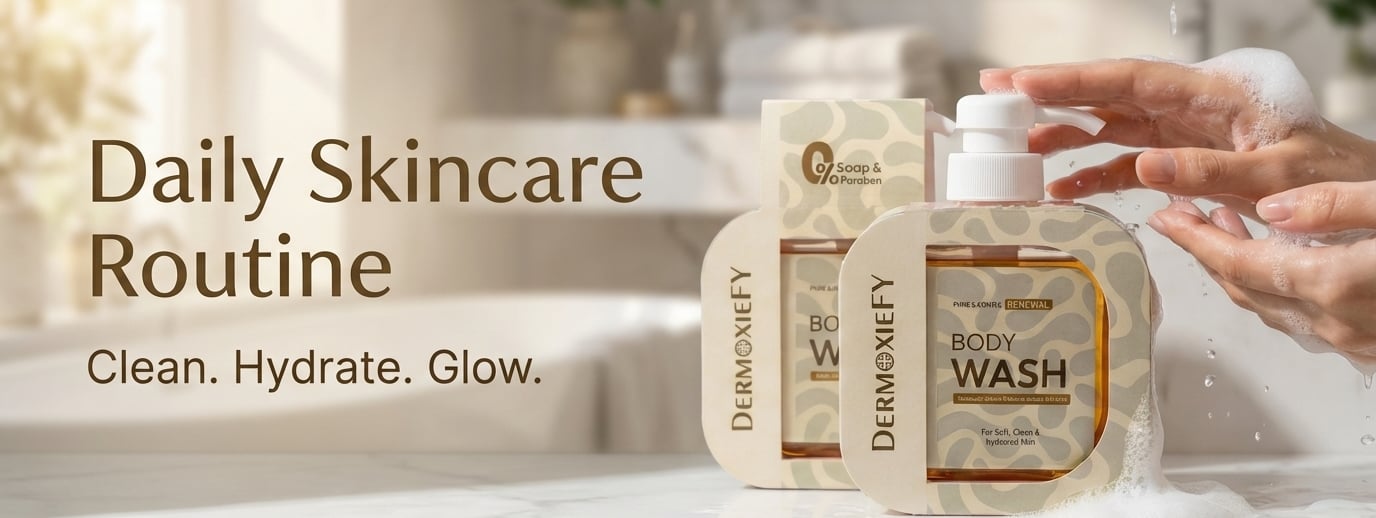 Dermoxify hydrating body wash dispenser on a marble counter for a daily skincare routine.