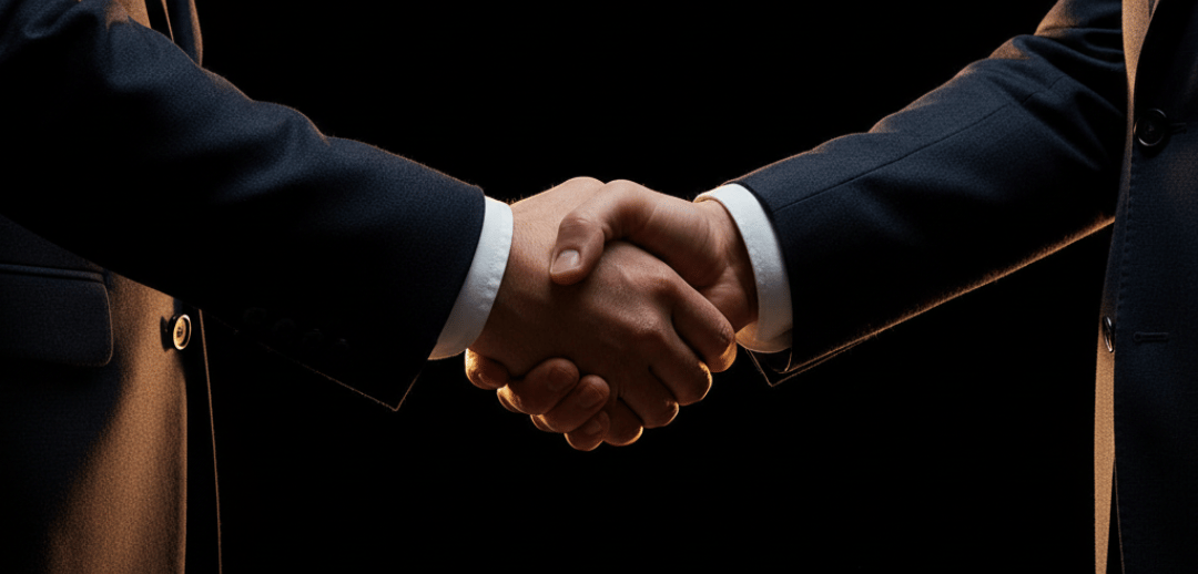 Professional business handshake between two men in suits, symbolizing a deal or corporate partnership.