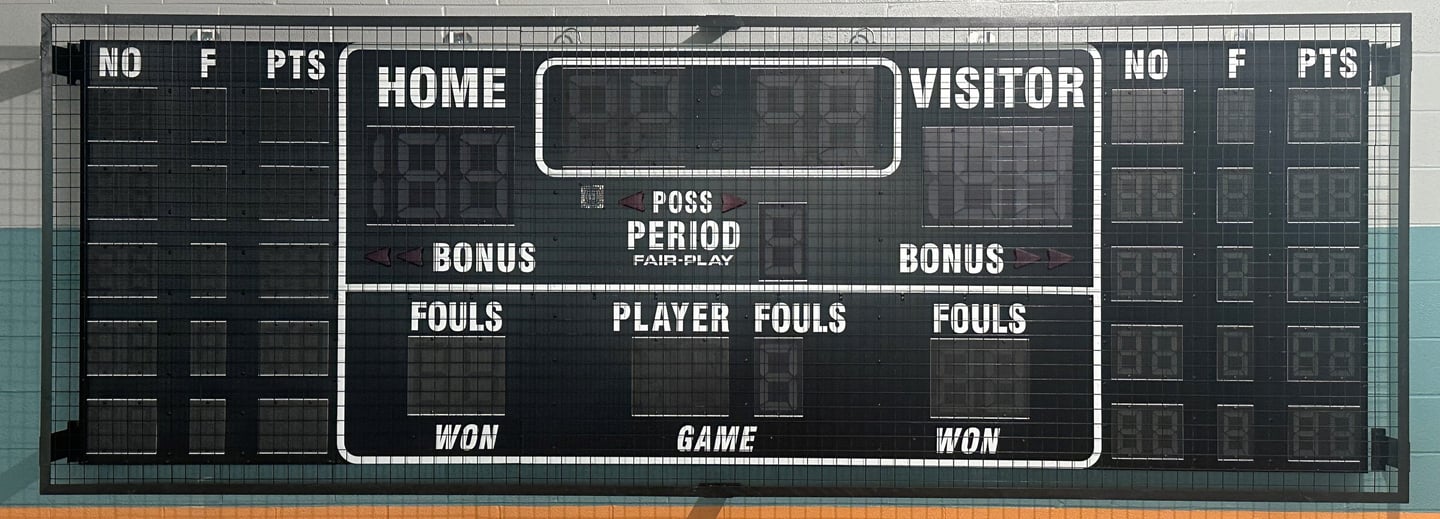 Large gymnasium scoreboard with wire mesh protective screen installed in Philadelphia PA by Degler W