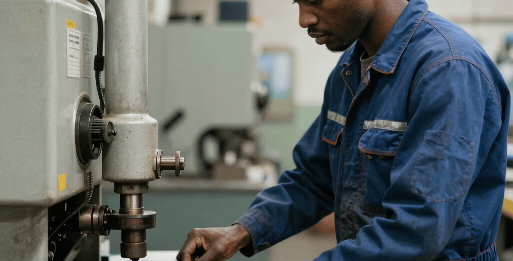Technician inspecting a large industrial engine in a bright workshop