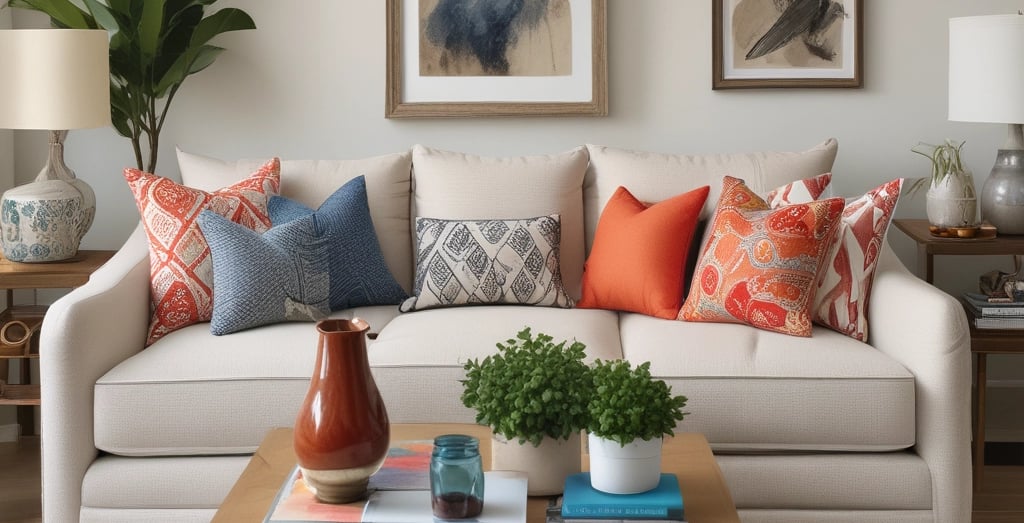 A cozy living room with a stylish sofa and decorative pillows.