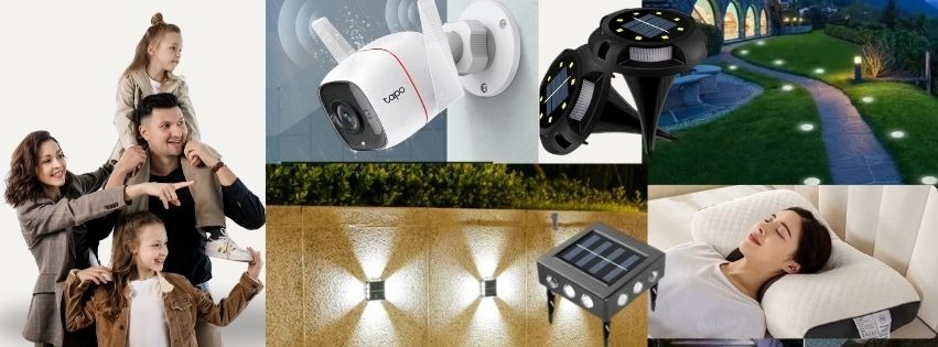 Familia feliz señalando productos en uso, representando la variedad de artículos importados y útiles