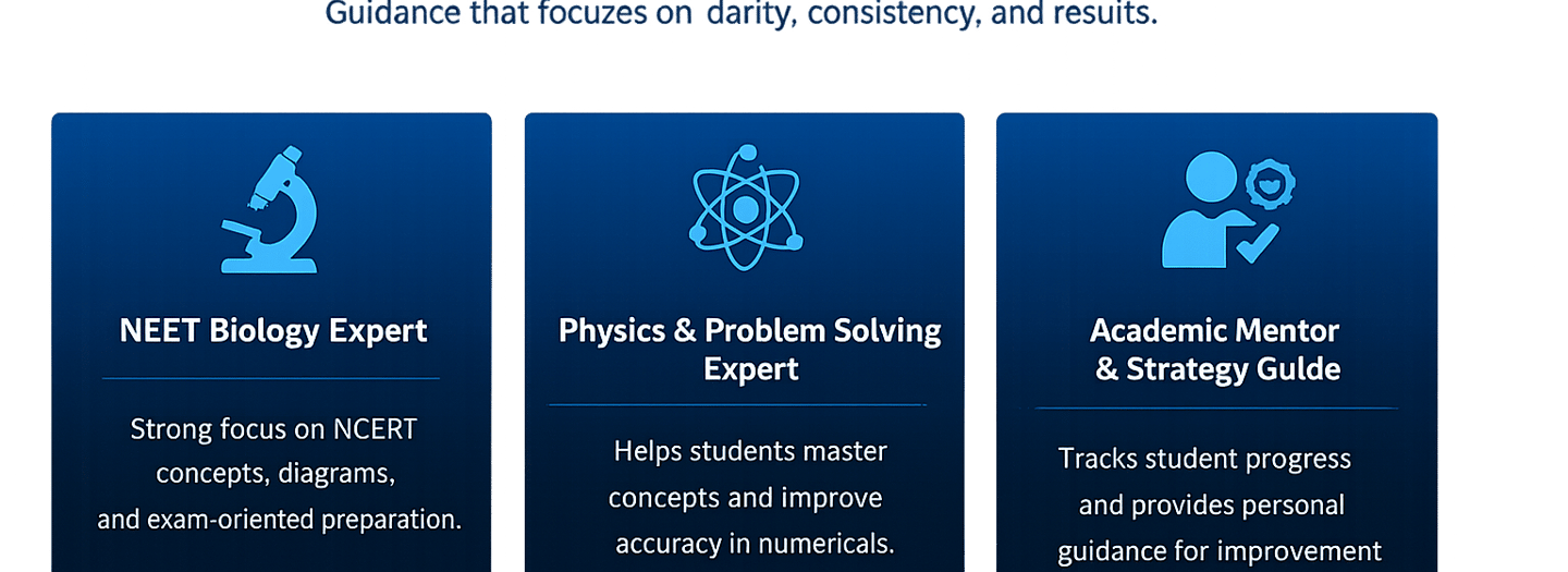 Infographic showing NEET Biology, Physics, and academic mentors for exam-oriented medical preparation.