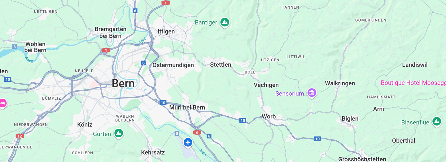 Karte des Einsatzgebiets von Wibi Services – Haushaltsgeräte Reparatur und Ersatzservice in Bern