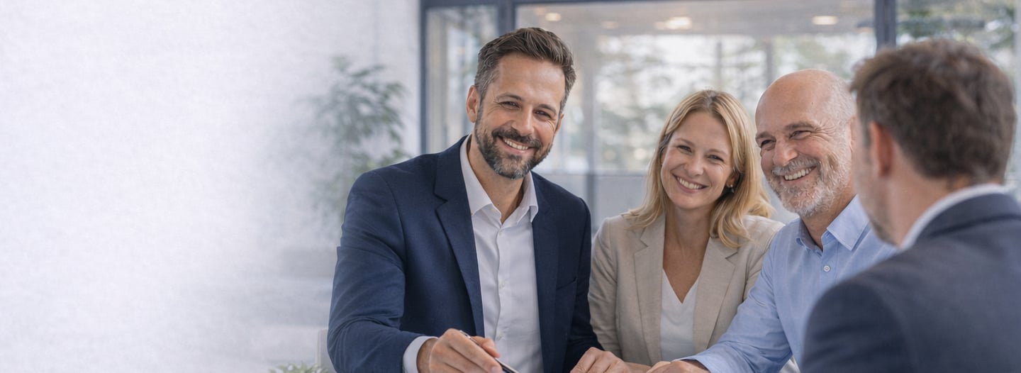 Smiling couple consulting with a professional financial advisor in a modern office setting.
