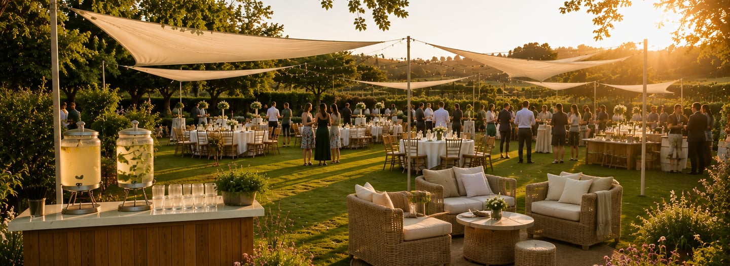 Événement organisé en extérieur avec voiles d’ombrage, mobilier lounge, bar à boissons et invités ré