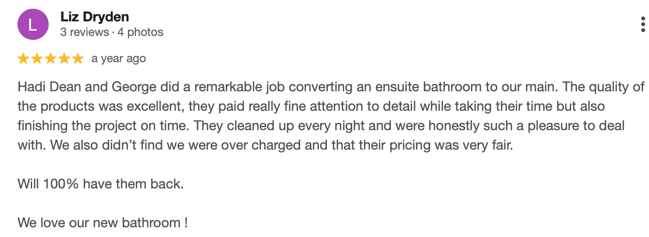 A five-star customer review for a bathroom renovation project highlighting high-quality workmanship and fair pricing.