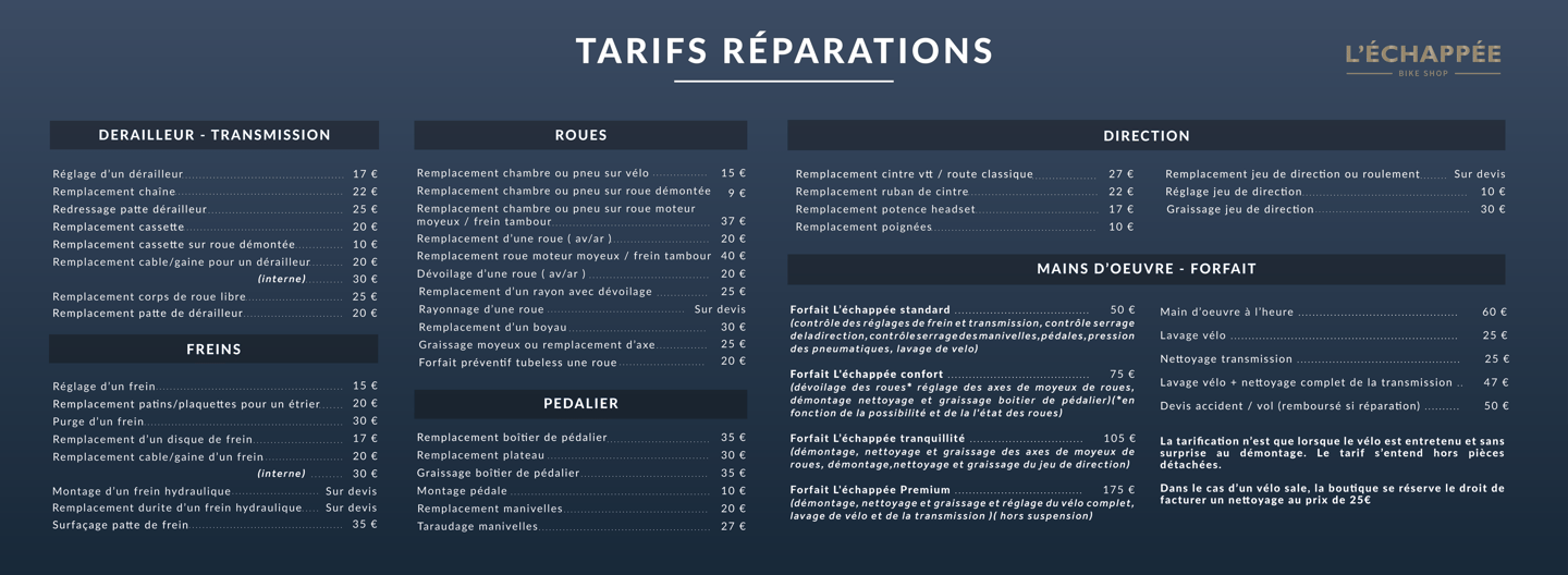 Grille tarifaire Atelier réparation vélo à La Croix-Valmer