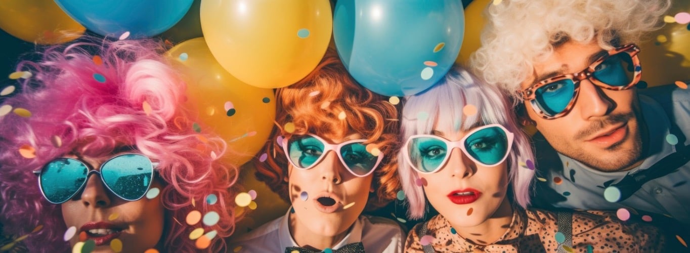 a group of people wearing wigs and wigs