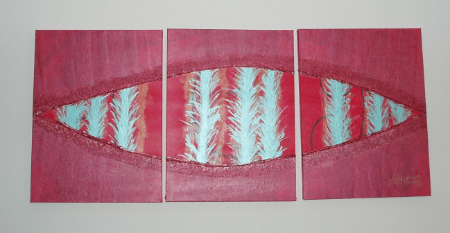 Beyond a Glance, 2016 by Michelangelo D’Yarumal. Mixed media on canvas. Triptych 54in x 24in