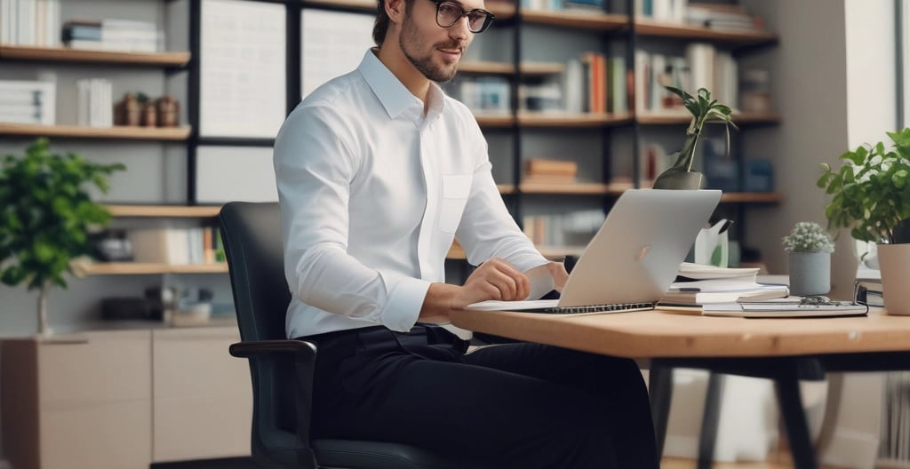 A spacious warehouse with tall shelves filled with various boxes and pallets. A yellow forklift is parked in the aisle, surrounded by organized inventory. The environment appears clean and well-lit, with items neatly stacked on metal racks.