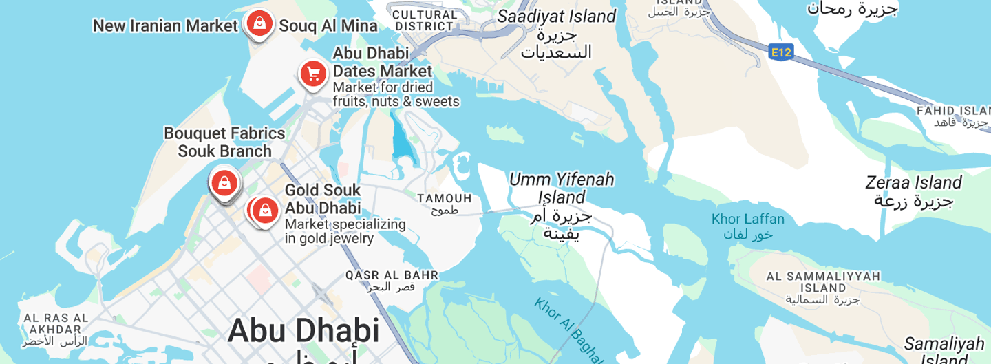 Kaart van Abu Dhabi met locaties van souks | souqs