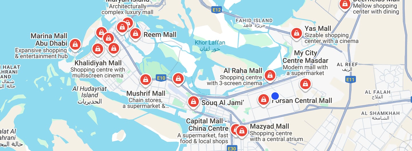 Kaart van Abu Dhabi met locaties van winkelcentrums | Malls