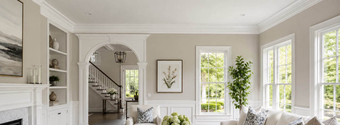 Custom crown molding, built-in shelving, wainscoting, and arched doorway in a Monmouth County NJ liv